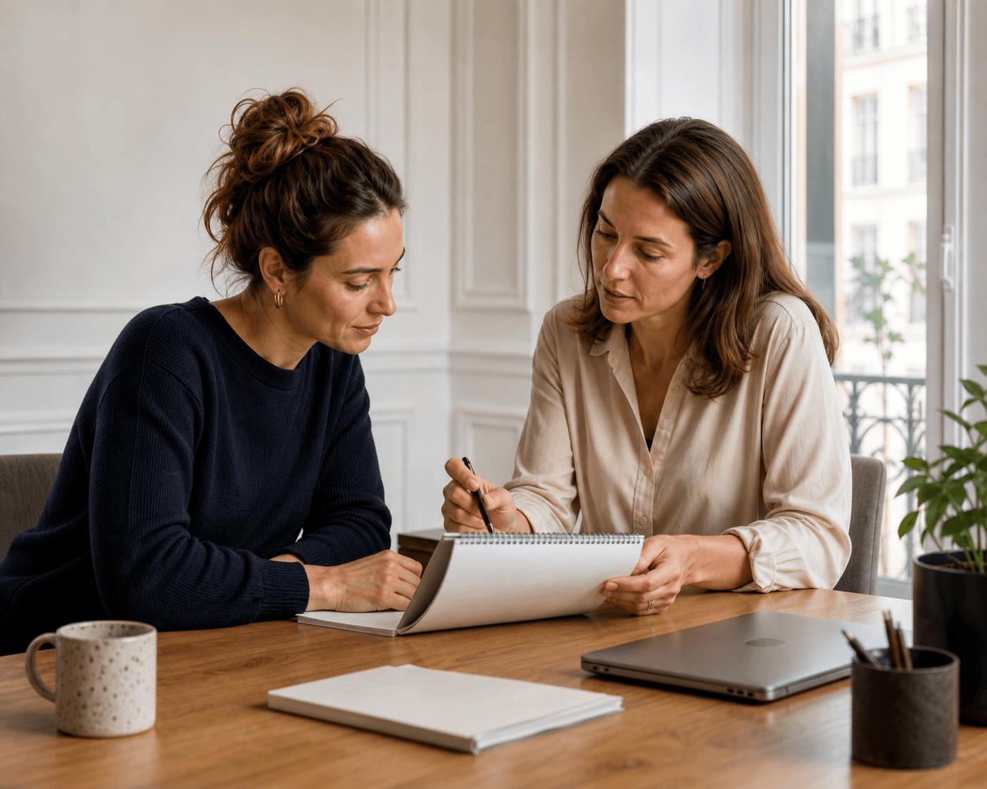 Deux professionnelles échangent autour d’un projet d’entreprise — photographie d’illustration.